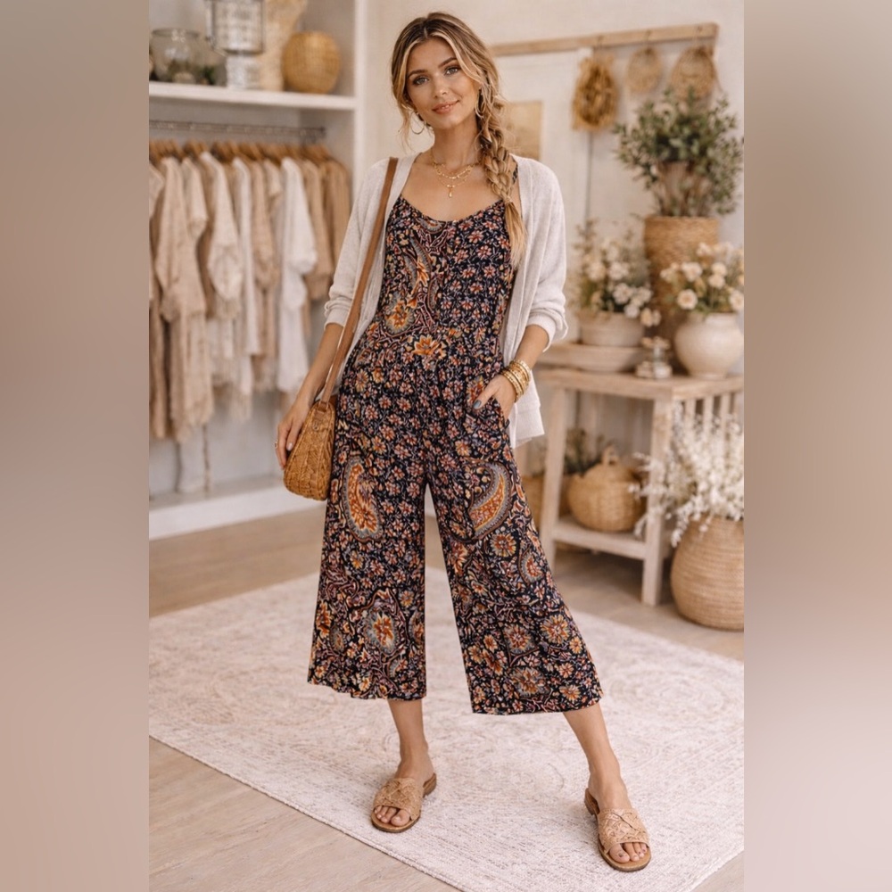 Earthbound Boho Paisley Wide Leg‎ Jumpsuit M Artisan Festival Rayon Free Spirit